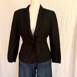 Tahari linen blend black tie front blazer hip length w/ slight peplum size 8